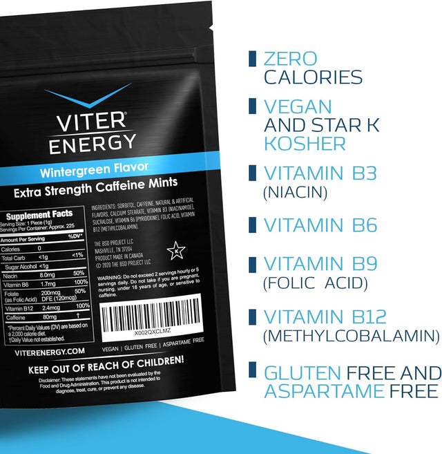 Viter Energy Extra Strength Caffeinated Mints 80Mg Caffeine, B Vitamins, Sugar Free. (Wintergreen, 8Oz, Bulk Bag)