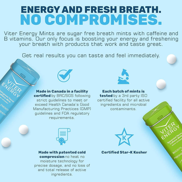 Viter Energy Original Caffeine Mints, Extra Strength Caffeine Mints and Caffeine Gum Variety Packs Bundle - Caffeine, B Vitamins, Sugar Free, Vegan, Powerful Energy Booster for Focus and Alertness