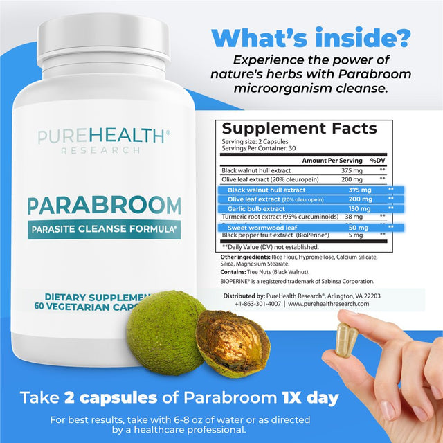 Parabroom Colon Cleanser and Dewormer for Humans - Gut Cleanse Detox and Bloating Relief - Wormwood Supplement with Black Walnut, Papain, and Turmeric Capsules by Purehealth Research X3