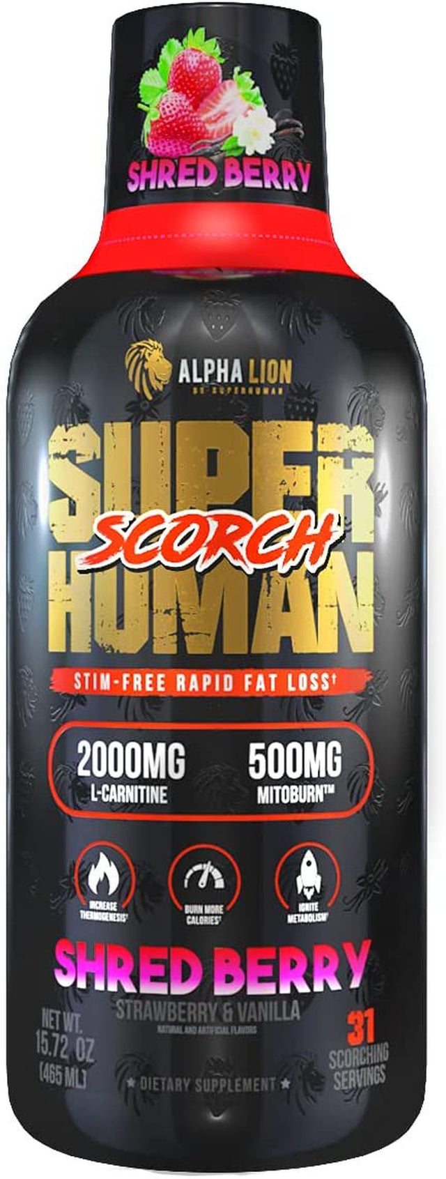 Alpha Lion Scorch, Weight Management, Mitoburn & Caloriburn with Carnitine, Stim-Free, Increase Thermogenesis & Metabolism, Zero Calorie Liquid Shot (31 Servings, Strawberry & Vanilla)