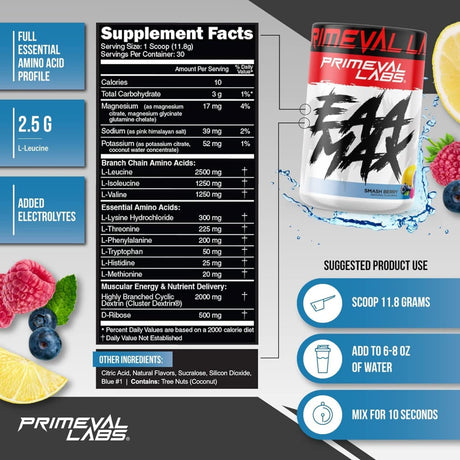 Primeval Labs EAA Max, BCAA Perfect Amino Acid Powder - Pre or Post Workout Muscle Recovery - Bcaas, Eaas, Electrolytes, Supports Hydration & Performance, Keto Friendly (Smashberry)