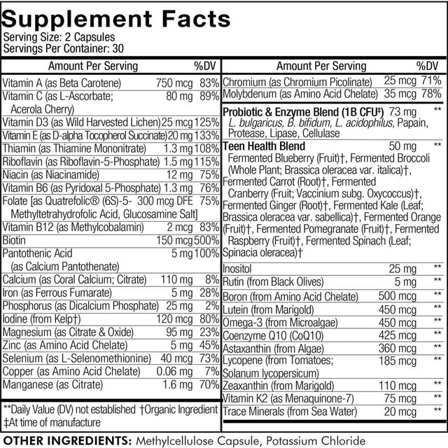 Codeage Daily Teen Multivitamin, 25+ Organic Whole Foods, Probiotics & Enzymes for Teenagers, Vegan, 60 Ct