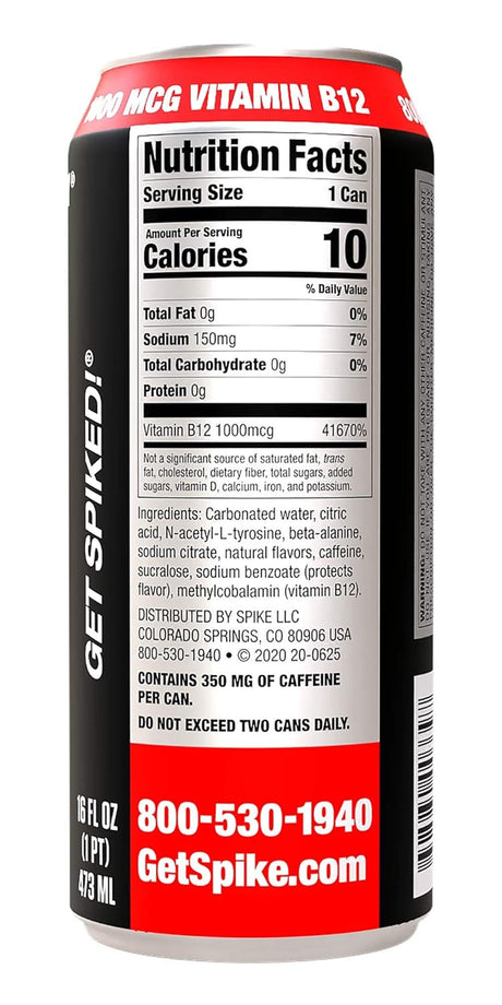 Spike Hardcore Energy Drink Original Flavor - 350 Mg Caffeine, 800 Mg Beta-Alanine, 1000 Mcg Vitamin B12 - Sugar Free, Almost Zero Calories - Pre-Workout Brain Booster - 16 Oz (Pack of 12)