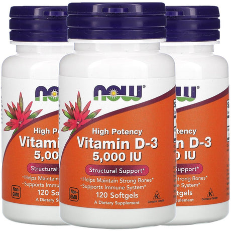 NOW Foods NOW Supplements, Vitamin D-3 5,000 IU, High Potency, Structural Support*, 120 Softgels (3 Pack)