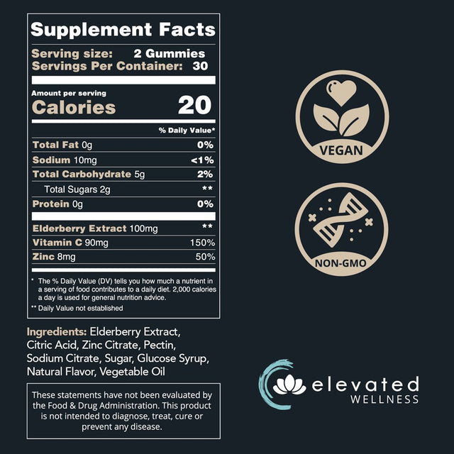 Elevated Elderberry Gummies (60Ct), Zinc & Vitamin C - Non-Gmo, Vegan