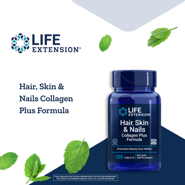 Life Extension Hair, Skin & Nails Collagen plus Formula - Promotes Collagen & Keratin Health - Non-Gmo - 120 Tablets