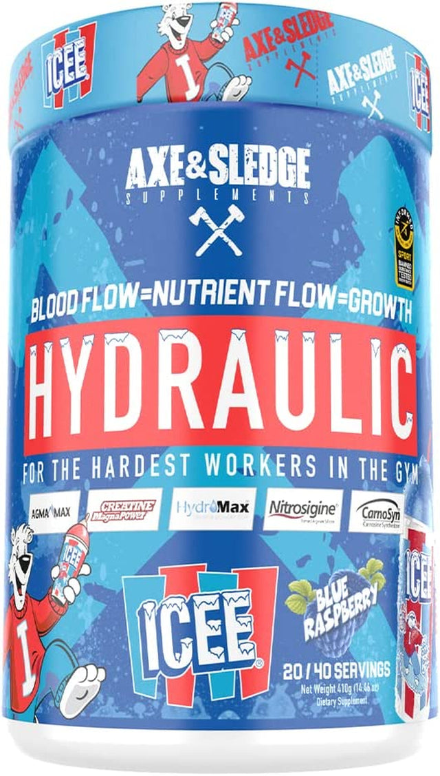 Axe & Sledge Supplements Hydraulic Stimulant-Free Pre-Workout Powder, ICEE Blue Raspberry, 40 Servings, (Pack of 1)