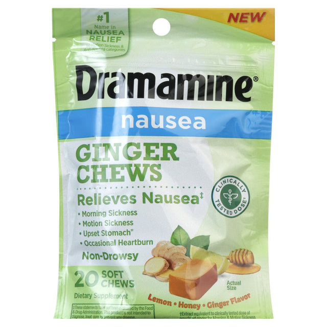 Dramamine Ginger Chews, Nausea Relief Soft Chews Lemon-Honey-Ginger, 20 Count