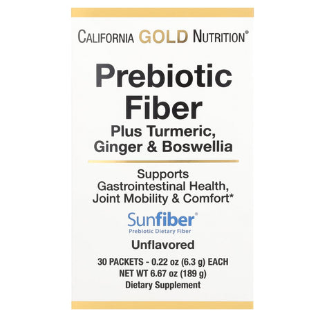 California Gold Nutrition Prebiotic Fiber plus Turmeric, Ginger, & Boswellia, 30 Packets, 0.22 Oz (6.3 G) Each