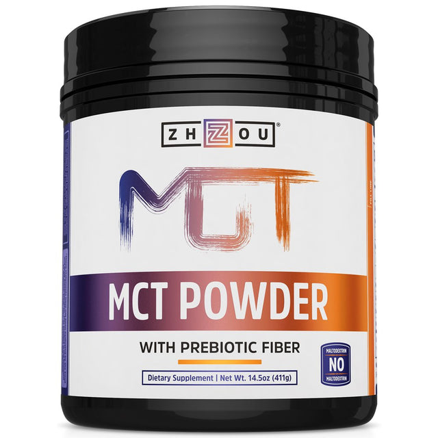 Zhou MCT Powder with Prebiotic Acacia Fiber | Zero Net Carbs | Keto Friendly Fat & Fiber Source | Easy to Digest | 45 Servings, 14.5 Oz