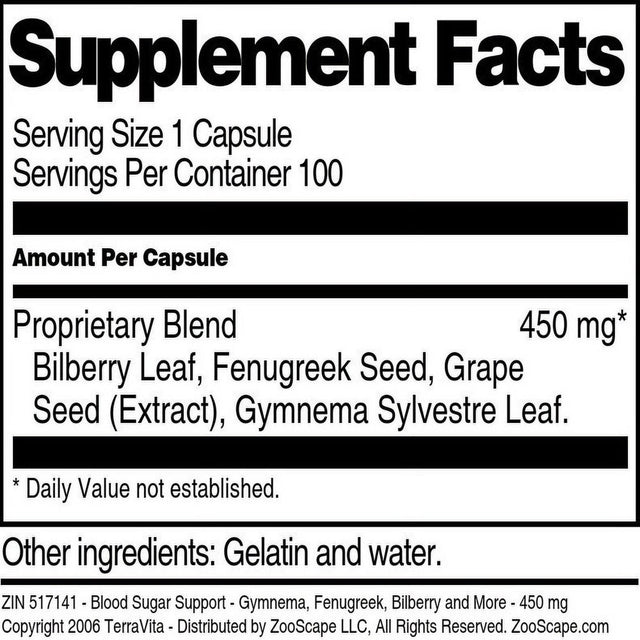 Terravita Blood Sugar Support - Gymnema, Fenugreek, Bilberry and More - 450 Mg, (100 Capsules, 1-Pack, Zin: 517141)