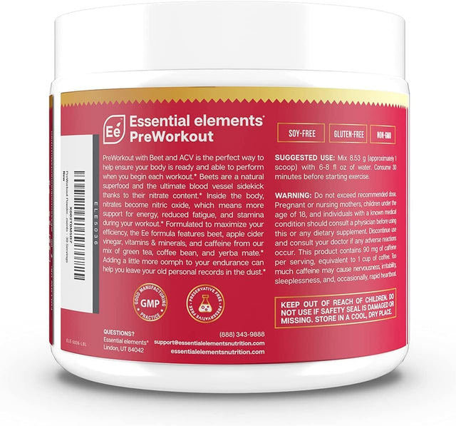 Essential Elements Preworkout Powder with Beet Root & ACV | Superfood Energy Supplement & All-Natural Nitric Oxide Booster plus Caffeine 30 Servings