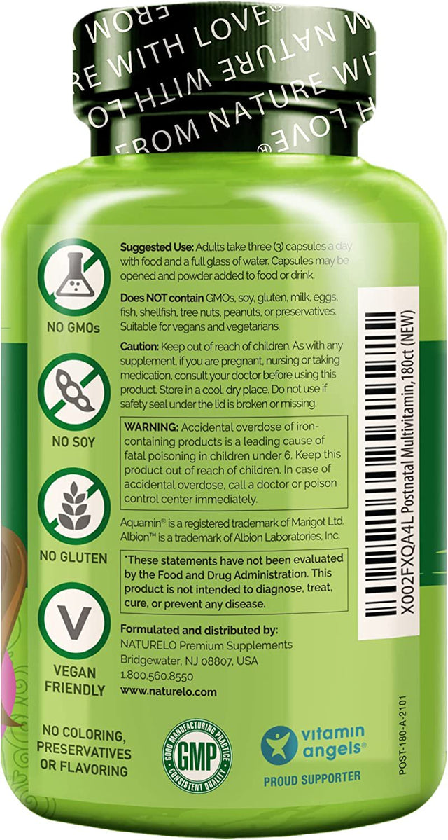 NATURELO Postnatal Multivitamin - Supplement for Breastfeeding Women - Plant-Based Vitamin D, Folate, Gentle Iron - for Nursing Mother, Baby - Post Natal Lactation Support (180 Count (Pack of 1))