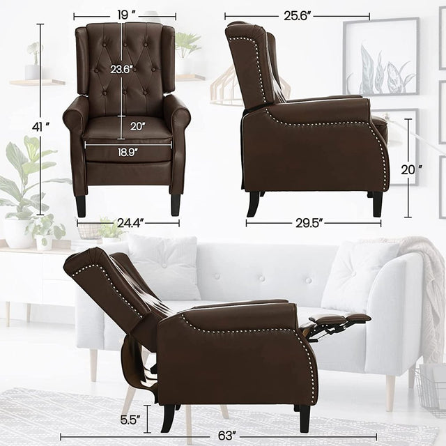 BALICHUN Leather Recliner Chair, Brown Accent Chair, Wingback Push Back Recliner Chair for Living Room or Bedroom, Massage Recliner Chair Chair for Adults, Small Single Reclining Sofa Lounge (Brown)