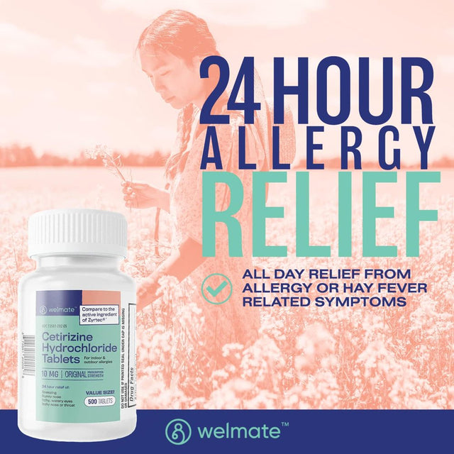 Welmate Antihistamine Allergy Relief - Cetirizine Hydrochloride 10Mg - 24 Hour Relief - 500 Tablets