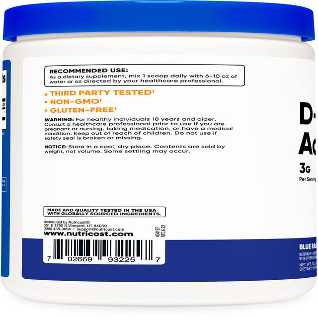 Nutricost D-Aspartic Acid (DAA) Powder 300G (Blue Raspberry) - Amino Acid