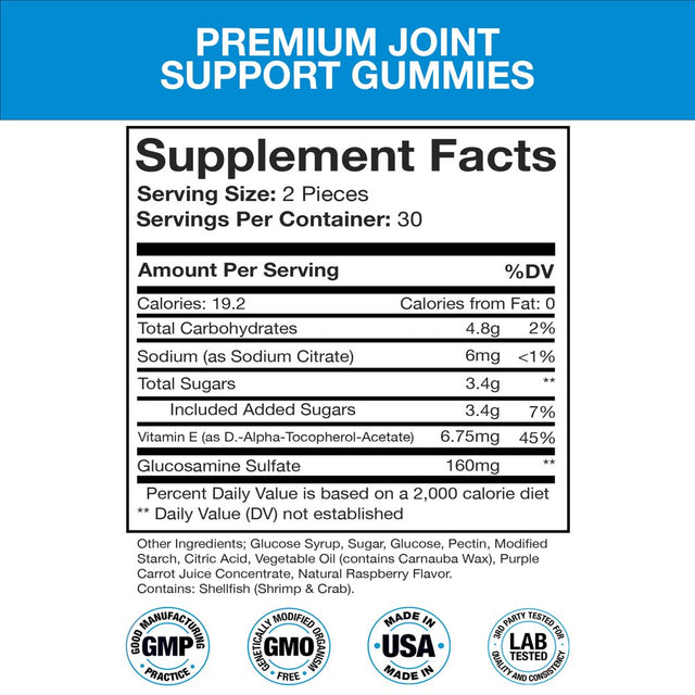 Joint Support Gummies Extra Strength Glucosamine & Vitamin E, Natural Flexibility & Joint Support Supplement - Best Cartilage & Immune Health Support for Women & Men - 60 Gummies