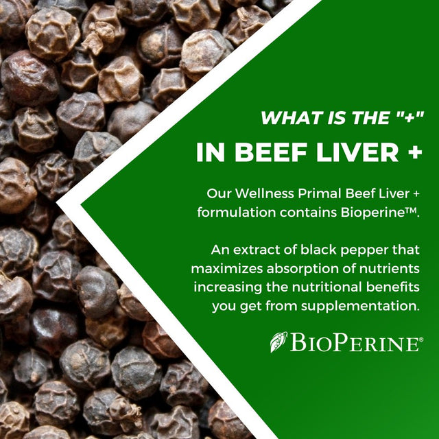 Wellness Primal Beef Liver plus Supplement (Desiccated) Grass Fed , Argentinian Raised Cattle Natural Iron, Vitamin A, B12 for Energy (180 Capsules) (3 Bottle)