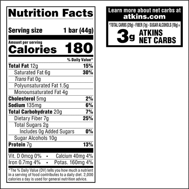 Atkins Caramel Chocolate Nut Roll Snack Bar, Protein Snack, High in Fiber, 2G Sugar, 30 Count