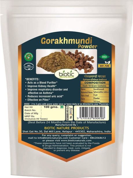 Biotic Gorakhmundi Powder (Sphaeranthus Indicus) Gorakmundi/Gorakh Mundi Powder - 100 Gm