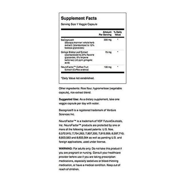 Swanson Pure Brainpower Brain Health Cognitive Memory Focus Support Brain-Derived Neurotrophic Factor (BDNF) Herbal Supplement (Ginkgo Biloba, Bacopa Monnieri) 60 Veggie Capsules (Veg Caps)