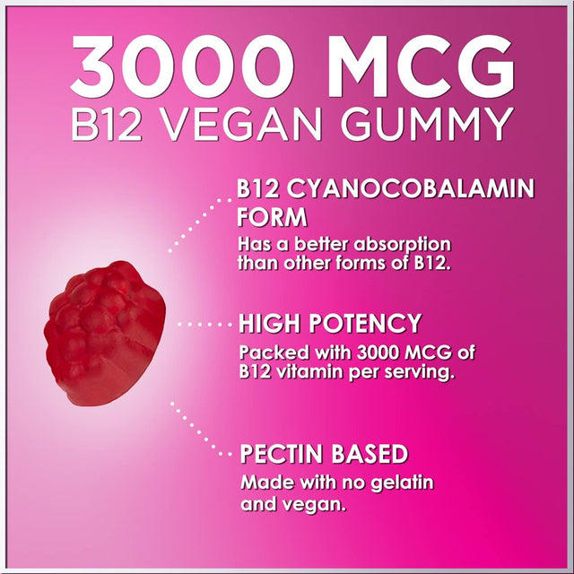 Vitamin B12 Gummies 3000 Mcg, High Absorption Vitamin B-12 Energy & Immune System Support Gummy Vitamins, Vegan Gummy, Natural Energy Support, Raspberry Flavor, for Adults and Kids - 120 Gummies