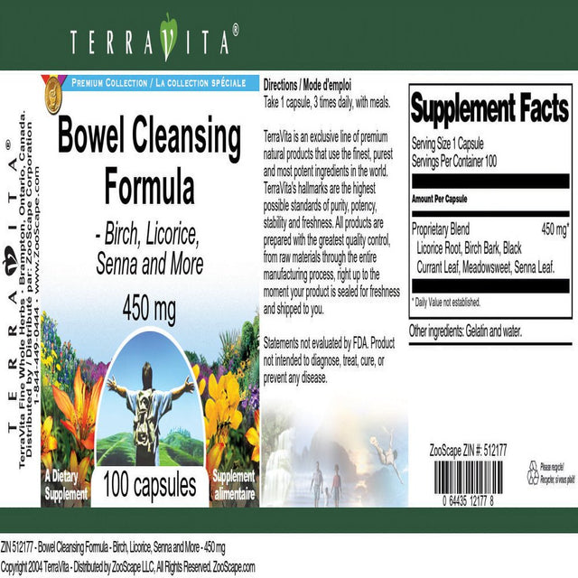 Terravita Bowel Cleansing Formula - Birch, Licorice, Senna and More - 450 Mg, (100 Capsules, 1-Pack, Zin: 512177)