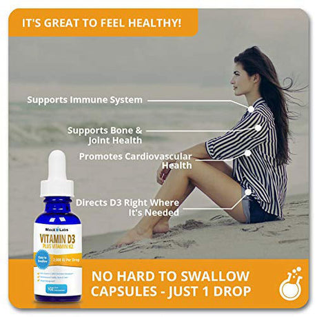 Vitamin D3 Liquid Drops with Vitamin K2 MK-7 ★ New ★ Full 2,000 IU per Drop - Vitamin