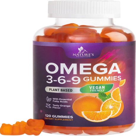 Omega 3 6 9 Vegan Gummies - Triple Strength Omega 3 Supplement Essential Oil Gummy - Omega 369 Heart Support and Brain Support for Women, Men & Pregnant Women, Non-Gmo, Orange Flavor - 120 Gummies