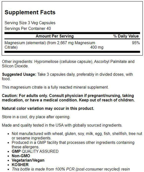 NOW Supplements, Magnesium Citrate, Enzyme Function*, Nervous System Support*, 120 Veg Capsules