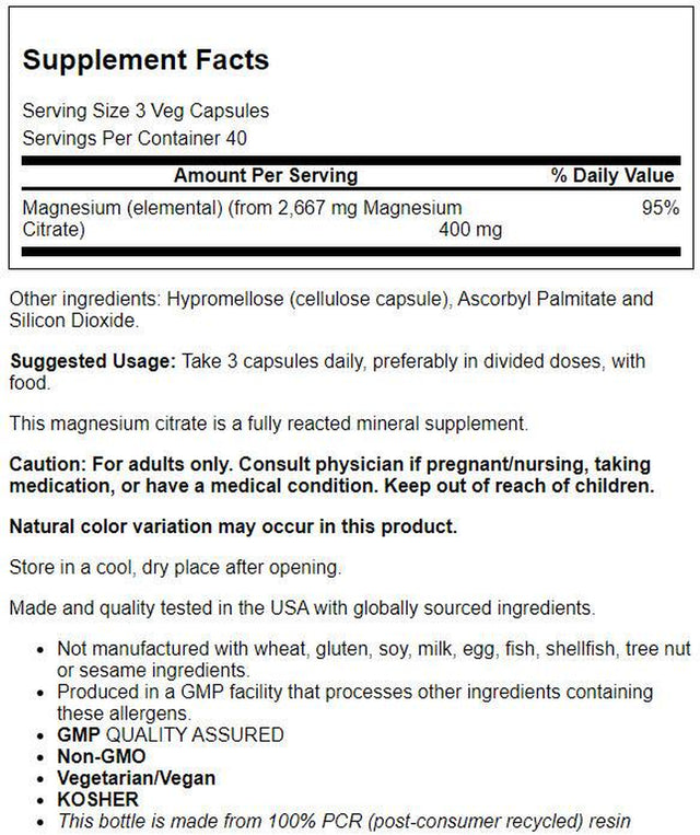 NOW Supplements, Magnesium Citrate, Enzyme Function*, Nervous System Support*, 120 Veg Capsules