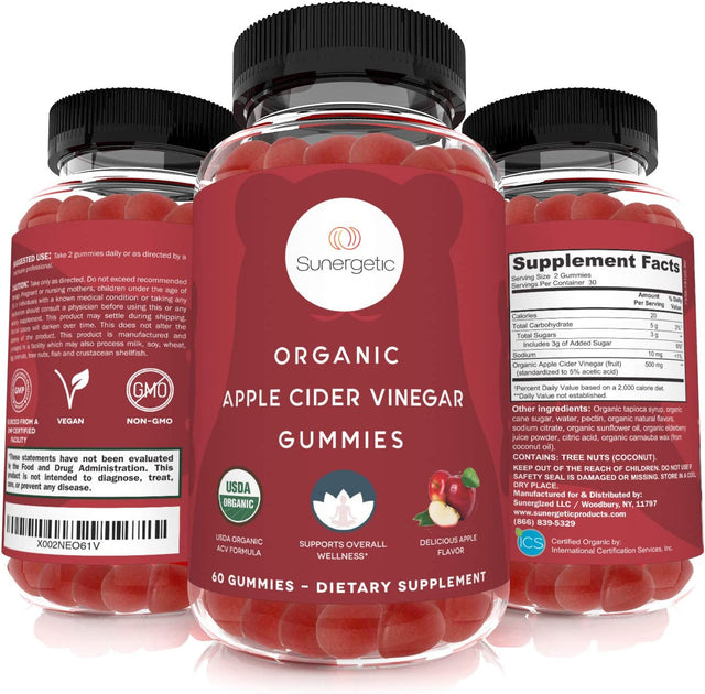 Sunergetic USDA Organic Apple Cider Vinegar Gummies with the Mother – Organic ACV Gummies to Support Overall Wellness – Certified Organic, Non-Gmo & Vegan - 60 Apple Cider Vinegar Gummies