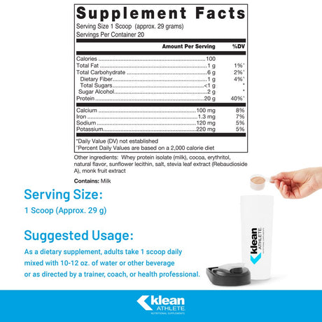 Klean Athlete Klean Isolate | Whey Protein Isolate to Enhance Daily Protein and Amino Acid Intake for Muscle Integrity* | NSF Certified for Sport | 20 Servings | Natural Chocolate Flavor