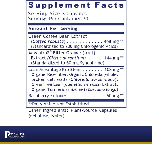 Premier Research Labs Lean Advantage - for Weight Management, Lean Body Mass & Energy Metabolism - Supplement with Chlorella, Green Coffee Extract & Turmeric - Vegan - 90 Plant-Source Capsules