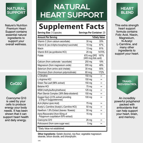 Heart Supplements 1650Mg for Heart Health Support with Coq10, L-Arginine, Magnesium, Hawthorn - 22 Natural Heart Vitamins & Extracts to Support Nitric Oxide & Energy Production, and More - 60 Capsules