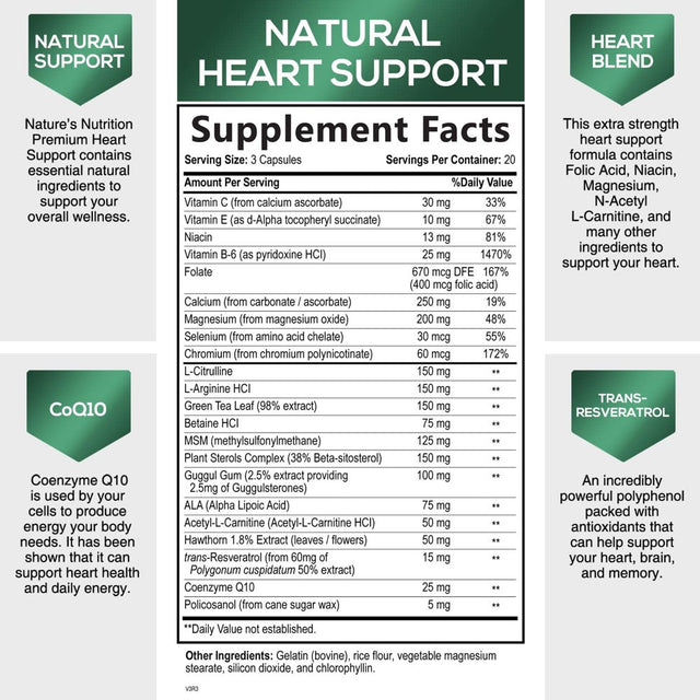 Heart Supplements 1650Mg for Heart Health Support with Coq10, L-Arginine, Magnesium, Hawthorn - 22 Natural Heart Vitamins & Extracts to Support Nitric Oxide & Energy Production, and More - 60 Capsules