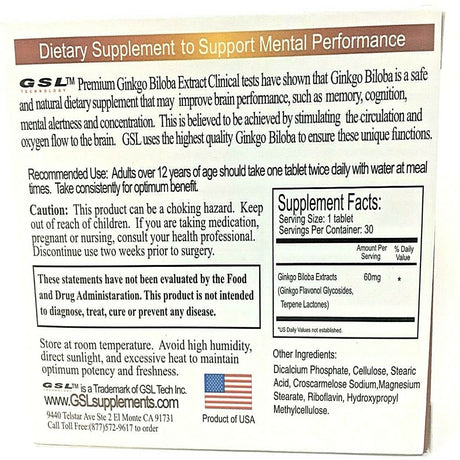 GSL Diet Supplement Ginkgo Biloba 60Mg 30 TB Helps Concentration Support Memory