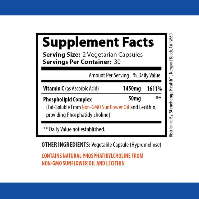 Liposomal Vitamin C 1500Mg Stonehenge Health, Non-Gmo Sunflower Lecithin, High Absorption, Fat-Soluble, Supports Immune System, Dietary Supplement, 60 Capsules