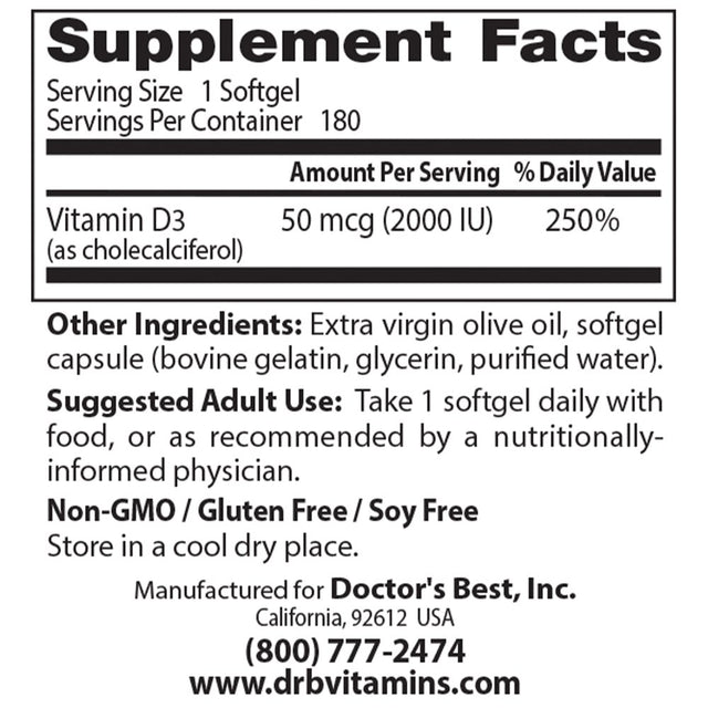 Doctor'S Best Vitamin D3 2000IU, Non-Gmo, Gluten Free, Soy Free, Regulates Immune Function, Supports Healthy Bones, 180 Softgels