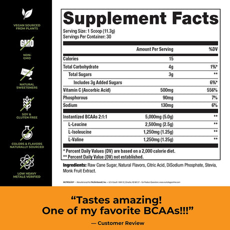 BCAA Natural Powder - Non-Gmo, Plant Sourced Amino Acid Drink Mix, Improve Performance, Enhance Recovery - Boost Immune Health, No Artificial Colors, Gluten Free - Tropical - (30 Servings)