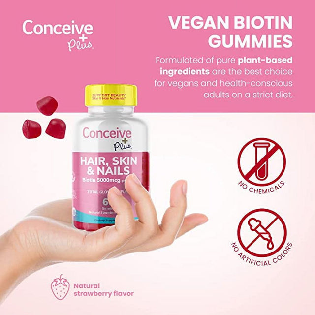 Conceive plus Hair Skin & Nails Gummies - Extra-Strength Biotin, VIT A, C, D3, E Vitamins - Vegan, Hair Growth Supplement - Gelatin-Free - 60 Count