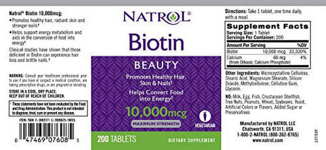 Natrol Biotin Beauty Tablets, Promotes Healthy Hair, Skin and Nails, Helps Support Energy Metabolism, Helps Convert Food into Energy, Maximum Strength, 10, 000Mcg, 200Count