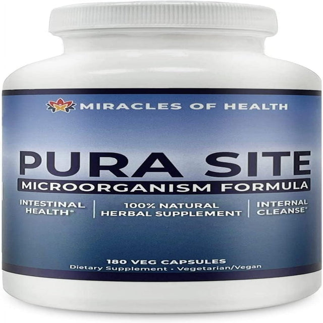 Miracles of Health Pura Site | Microbiome Cleanse & Intestinal Health Herbal Formula | 100% Natural Gut Health Supplement | Diatomaceous Earth, Black Walnut Hull, Wormwood | 2 Month Supply