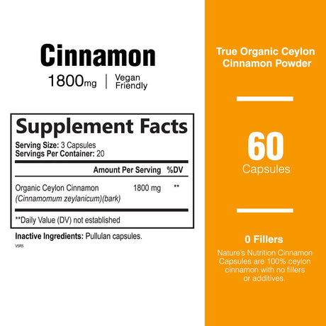 Pure Cinnamon Capsules, Certified Organic Ceylon Cinnamon Pills, Non-Gmo, Gluten-Free, Dairy-Free, Sri Lanka Cinnamon Powder Supplement, Best Vegan True Cinnamomum Vitamins, Sugar Free - 60 Capsules