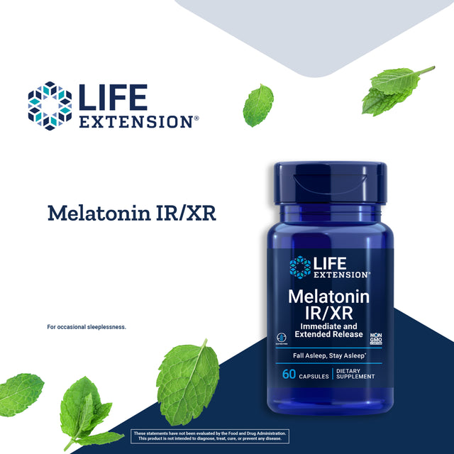 Life Extension Melatonin IR/XR - Immediate & Extended-Release - up to 7 Hours Sleep Support, Regular/Healthy Sleep Patterns, Easier to Stay Asleep - Gluten-Free, Non-Gmo - 60 Capsules (2-Month Supply)