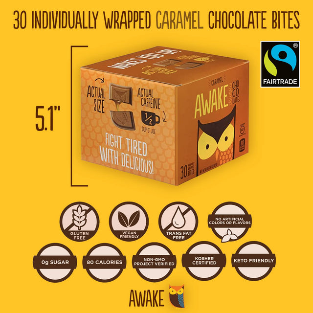 AWAKE - Caffeinated Chocolate Bites - Coffee Alternative - Low Calorie Snacks - Bite Size Energy Bars - 50Mg of Caffeine in Each Bite - Non GMO - Low Carb - Gluten Free - Caramel Chocolate - 30 Bites