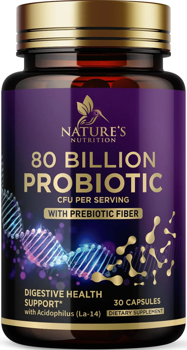 Nature'S Probiotics 80 Billion CFU + Prebiotics, Acidophilus Probiotic Supports Immune System & Digestive Health, Supports Occasional Constipation, Supplement for Women Feminine Health - 30 Capsules