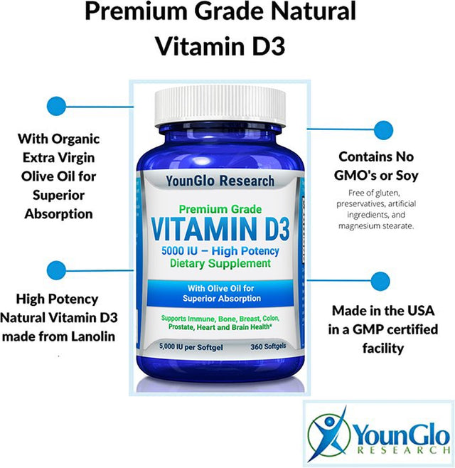 Vitamin D3 Supplement for Adult Men & Women, 5000 IU 360 Softgels, Immune Health Support by Younglo Research