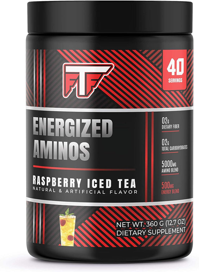 Energized AMINOS Raspberry Iced Tea 360G Pre-Wokout, Green Tea, Caffeine, and Theobromine Energy Blend- 40 Servings