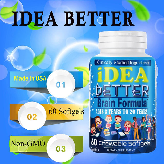 Idea Better Brain Focus Booster for Kids, Chewable Kids Vitamin, Multivitamin for Kids, Memory, Supports Focus, Clarity, Concentration, 60 Chewable Softgels by Celebrity Lifestyle